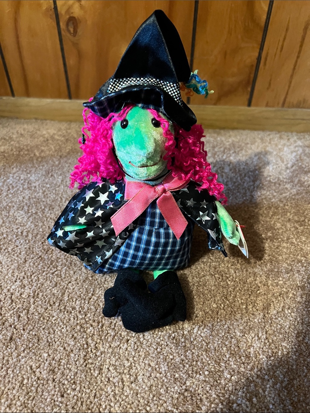 Retired Ty Green-Faced Witch Plush with Pink Hair and Black Star Cape
